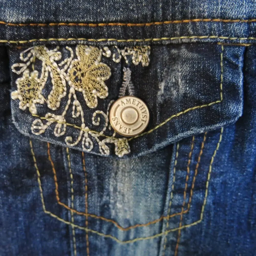 AMETHYST JEANS Denim Jean Vest Size S* Embroidery Distressed Blue Boho Casual
